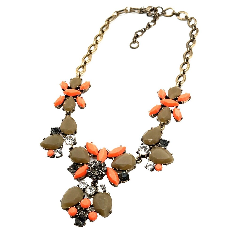 J. CREW Coral Olive Green Floral Statement Necklace Gold Tone Links Boho 17"-19"